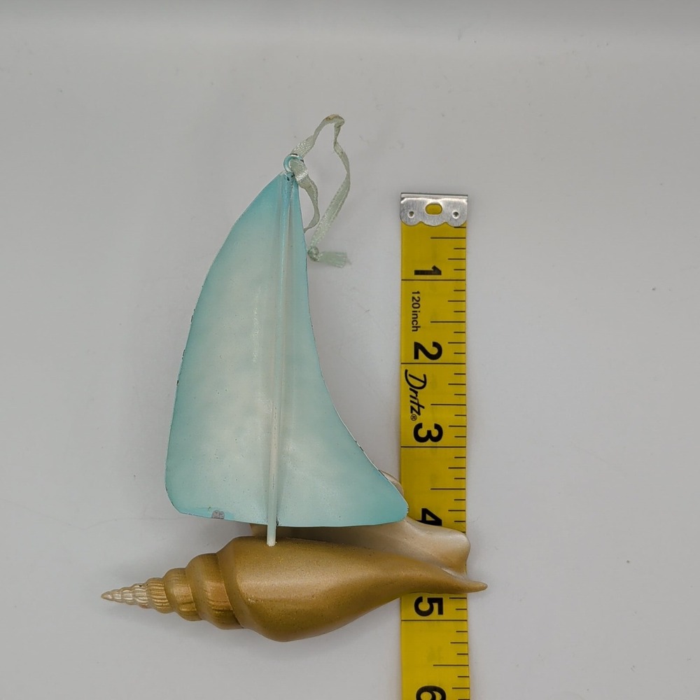 Nautical Sailboat Conch Shell Christmas Ornament Blue Gold Coastal Beach Decor - Picture 3 of 3